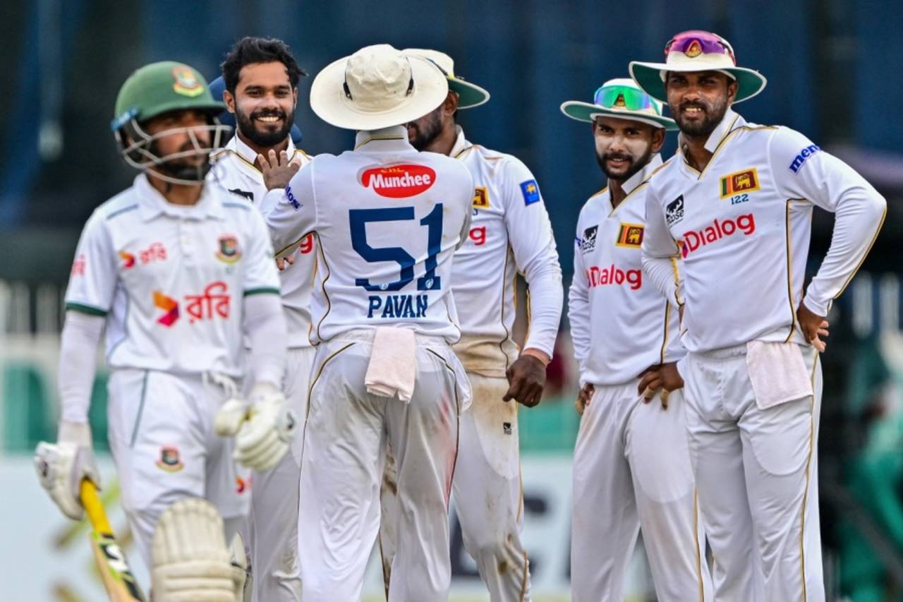 Dhananjaya de Silva is all smiles after getting rid of Mominul Haque, Sri Lanka vs Bangladesh, 2nd Test, Colombo, 3rd day, June 27, 2025