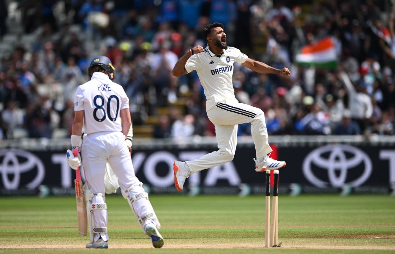 Ollie Pope looks back to see his stumps disturbed as Akash Deep celebrates, England vs India, 2nd Test, 5th day, Birmingham, July 6, 2025