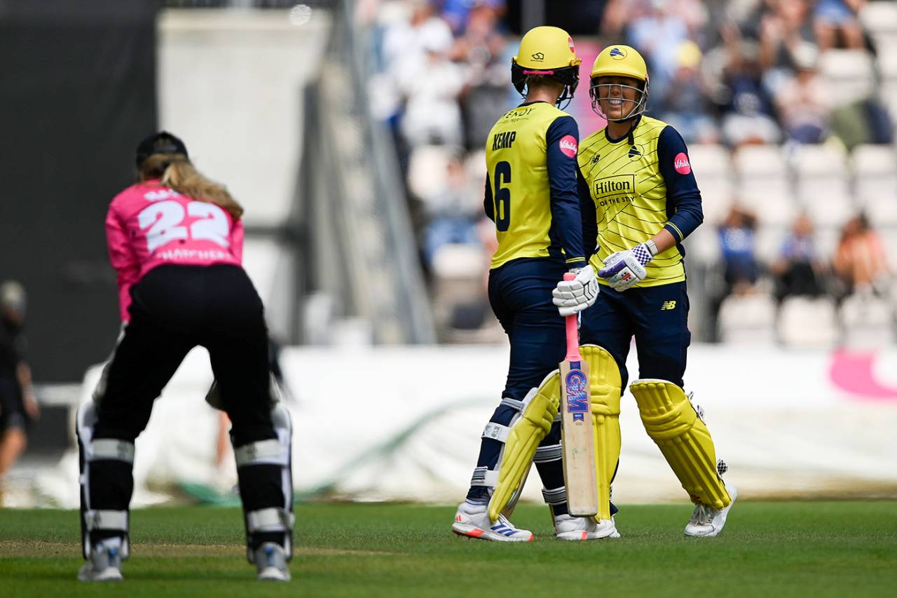 Freya Kemp and Georgia Adams celebrate their last-over victory, Hampshire vs Somerset, Women's T20 Blast, Utilita Bowl, July 6, 2025