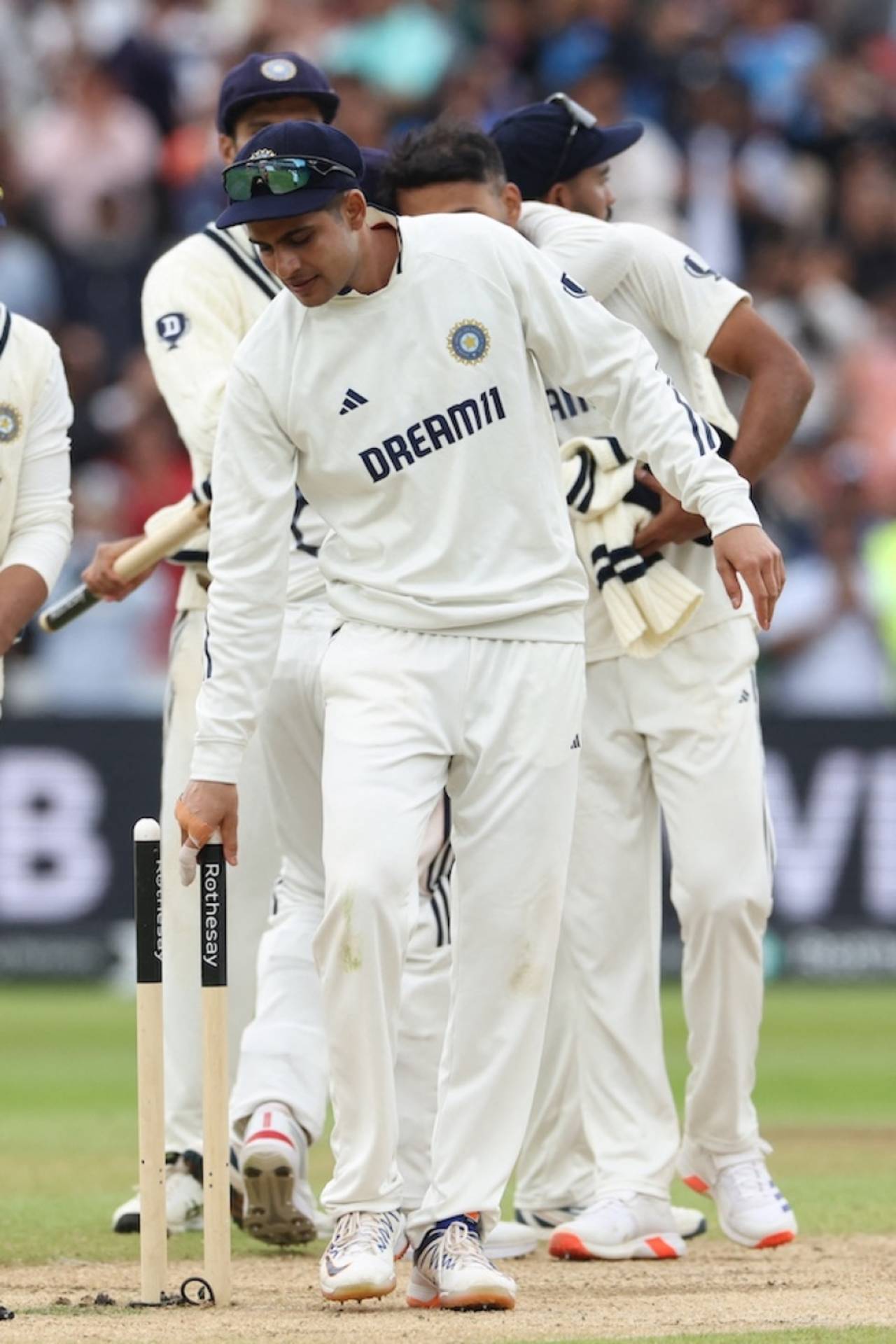 Shubman Gill picks up a souvenir after the win, England vs India, 2nd Test, 5th day, Birmingham, July 6, 2025