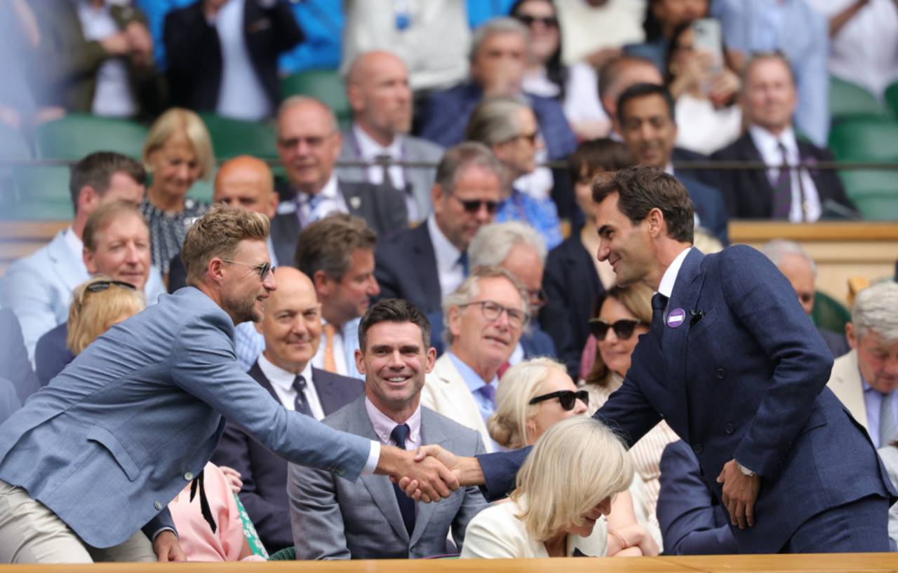 Roger Federer stops by to give Joe Root and Jimmy Anderson some love at Wimbledon, July 7, 2025