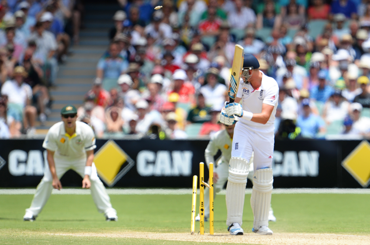 Stuart Broad is bowled for a first-ball duck, Australia v England, 2nd Test, Adelaide, 3rd day, December 7, 2013