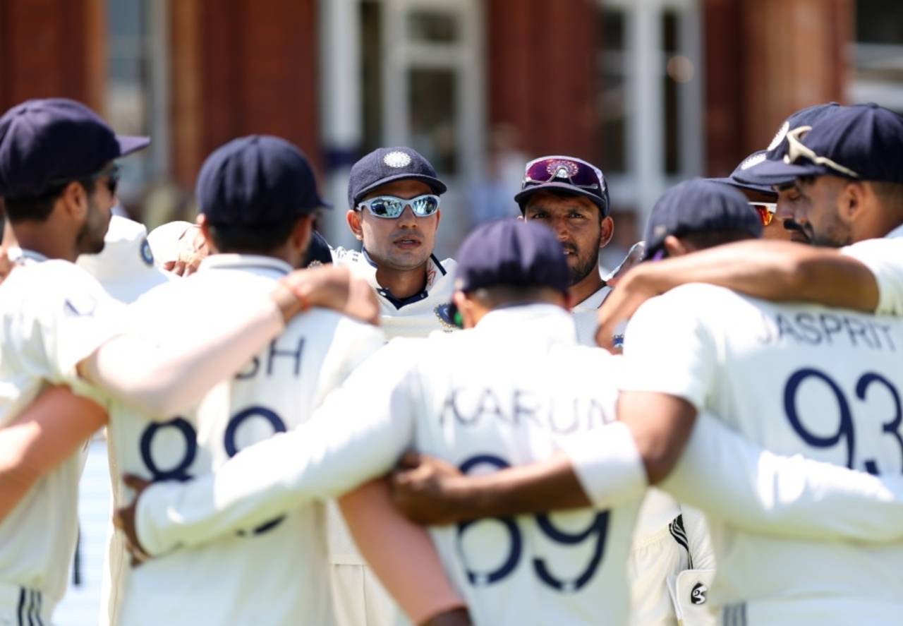Shubman Gill leads the chat in the team huddle after lunch, England vs India, 3rd Test, Lord's, London, 2nd day, July 11, 2025