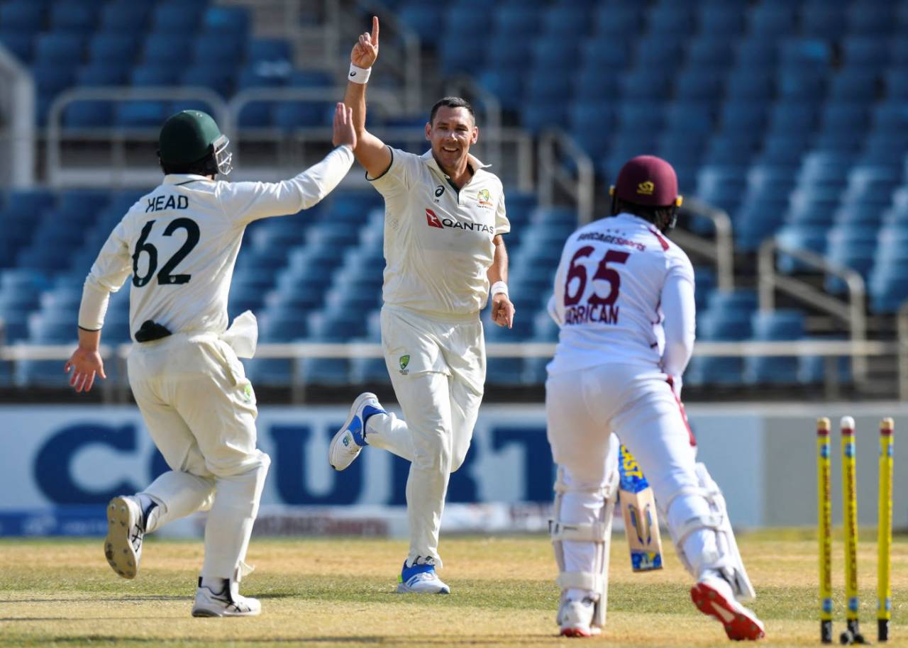 Scott Boland celebrates a Test hat-trick, West Indies vs Australia, 3rd Test, Kingston, Day 3, July 14, 2025
