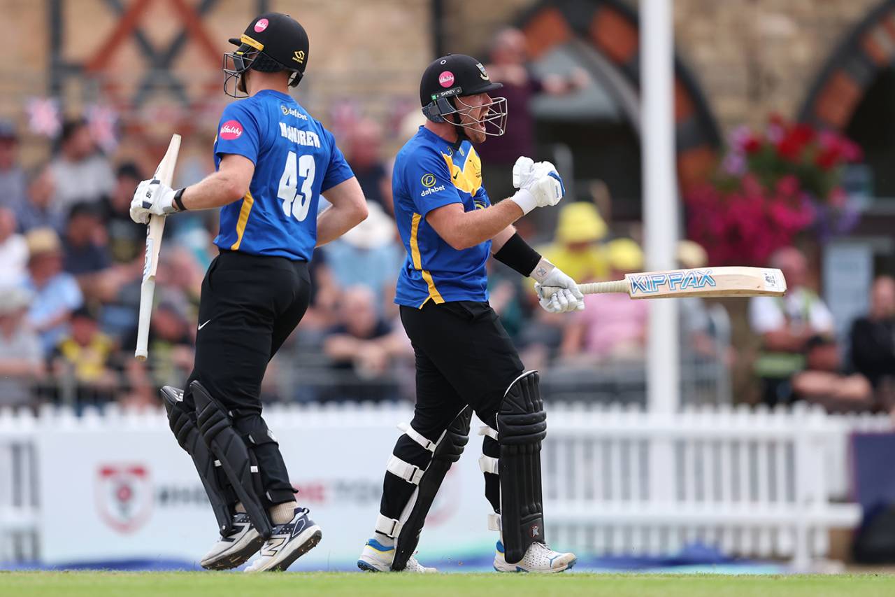 Danny Lamb celebrates after hitting the winning runs, Gloucestershire vs Sussex, Men's T20 Blast, Cheltenham, July 17, 2025