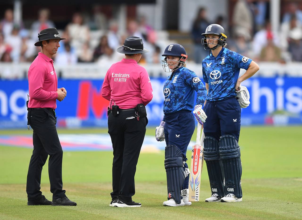 The umpires speak to Tammy Beaumont after reviewing for obstructing the field, England vs India, 2nd women's ODI, Lord's, London, July 19, 2025