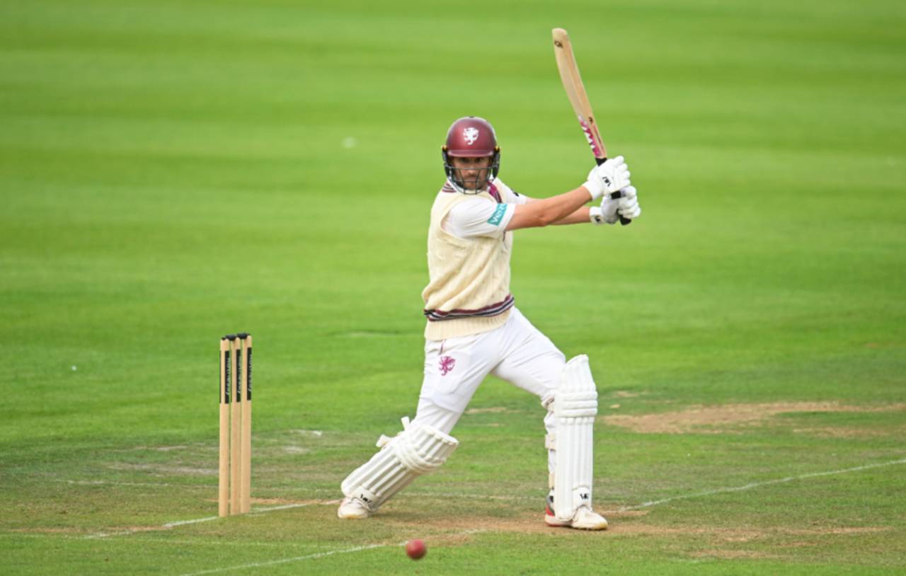 Lewis Gregory bats on a first-day pitch at Taunton that was already showing clear signs of wear and tear, Somerset vs Durham, County Championship, Taunton, July 22, 2025