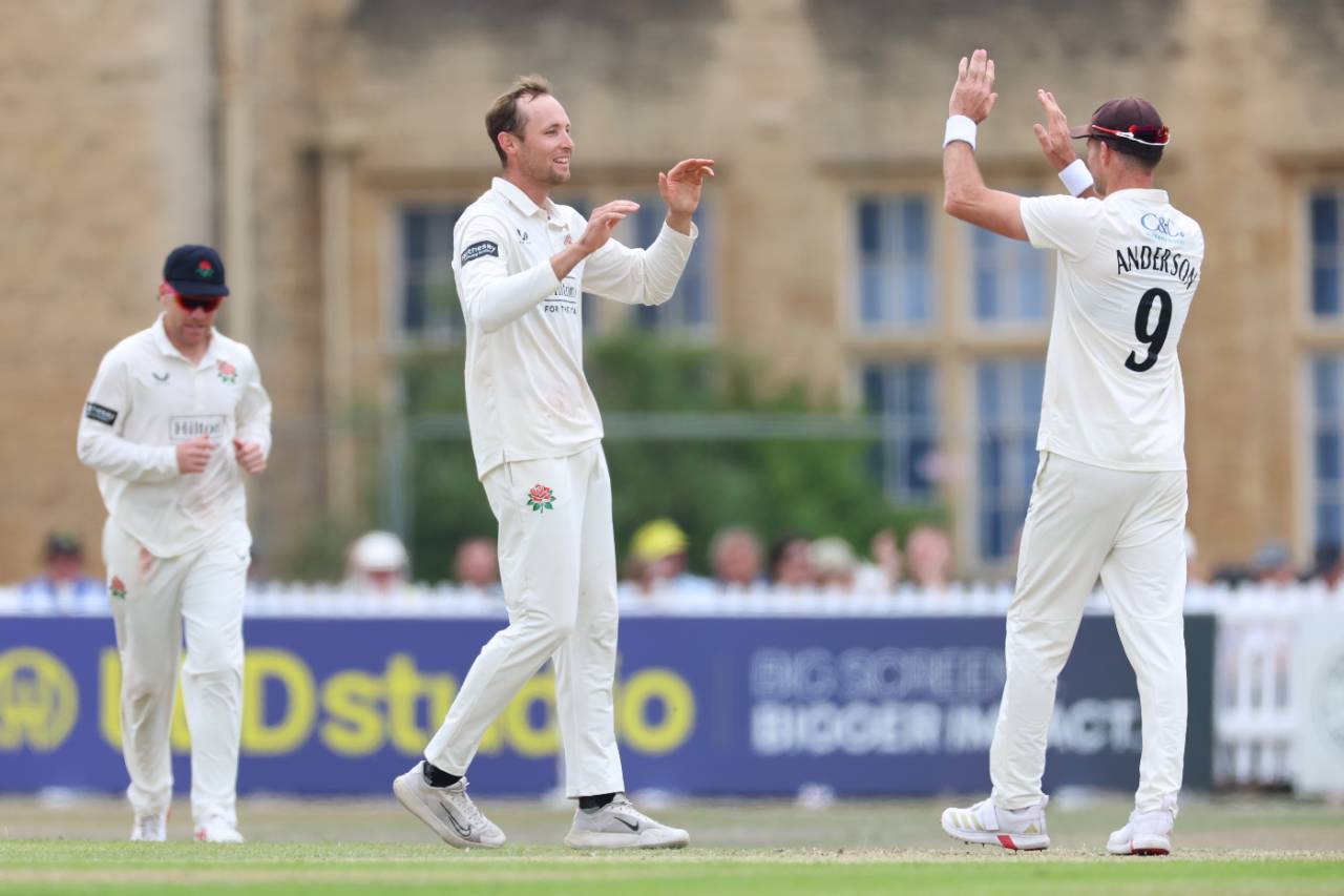 Tom Hartley and James Anderson celebrate another of his wickets, Gloucestershire vs Lancashire, County Championship, Cheltenham, July 24, 2025
