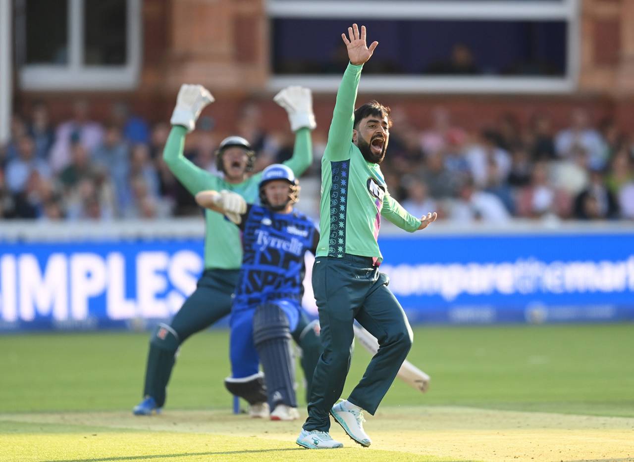 Rashid Khan claimed constricting figures of 3 for 11, London Spirit vs Oval Invincibles, Men's Hundred, Lord's, August 5, 2025