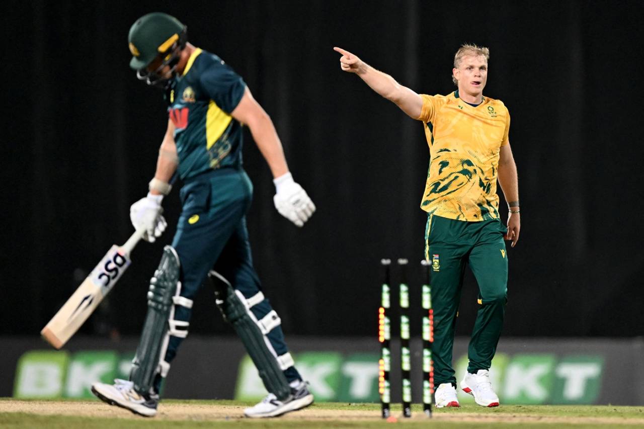 Corbin Bosch celebrates after dismissing Ben Dwarshuis, Australia vs South Africa, 2nd T20I, Darwin, August 12, 2025