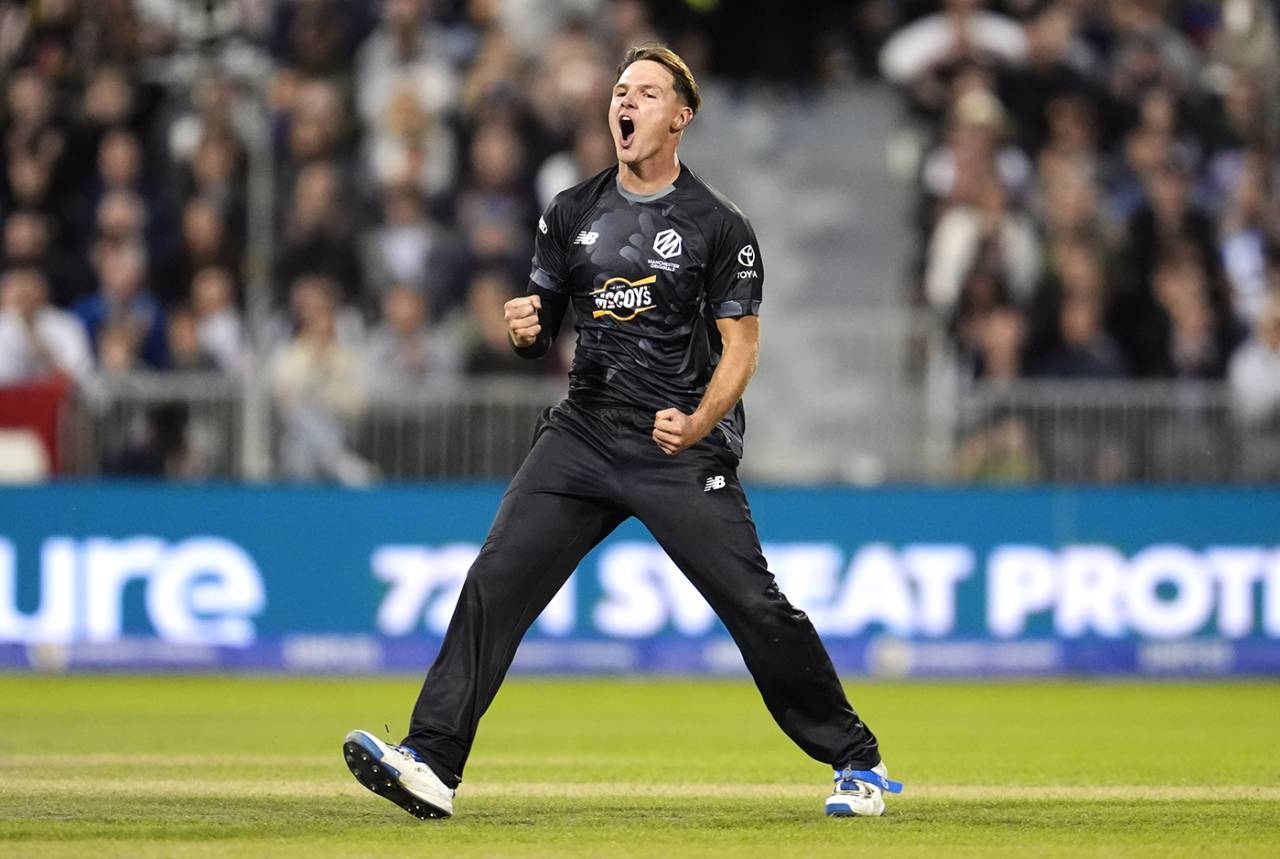 Sonny Baker celebrates his dismissal of Jason Roy, Manchester Originals vs Southern Brave, Men's Hundred, Old Trafford, August 6, 2025