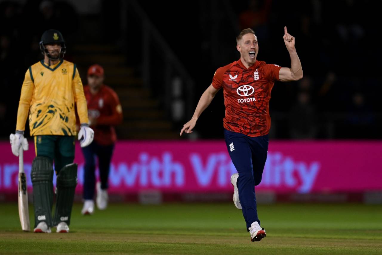 Luke Wood claimed Ryan Rickelton for a first-ball duck, England vs South Africa, 1st Men's T20I, Cardiff, September 10, 2025