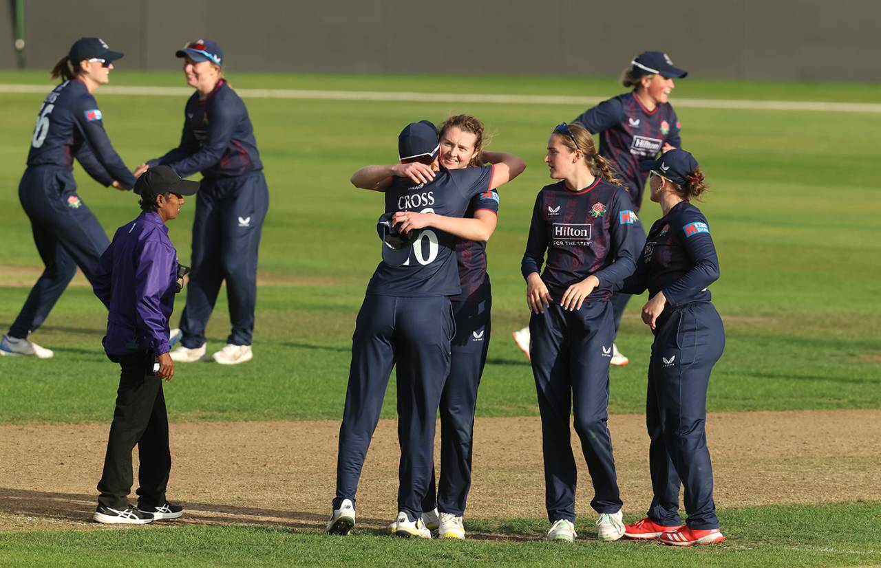 Grace Potts gets a hug from Kate Cross after helping seal victory, The Blaze vs Lancashire, Women's One-Day Cup semi-final, Trent Bridge, September 16, 2025