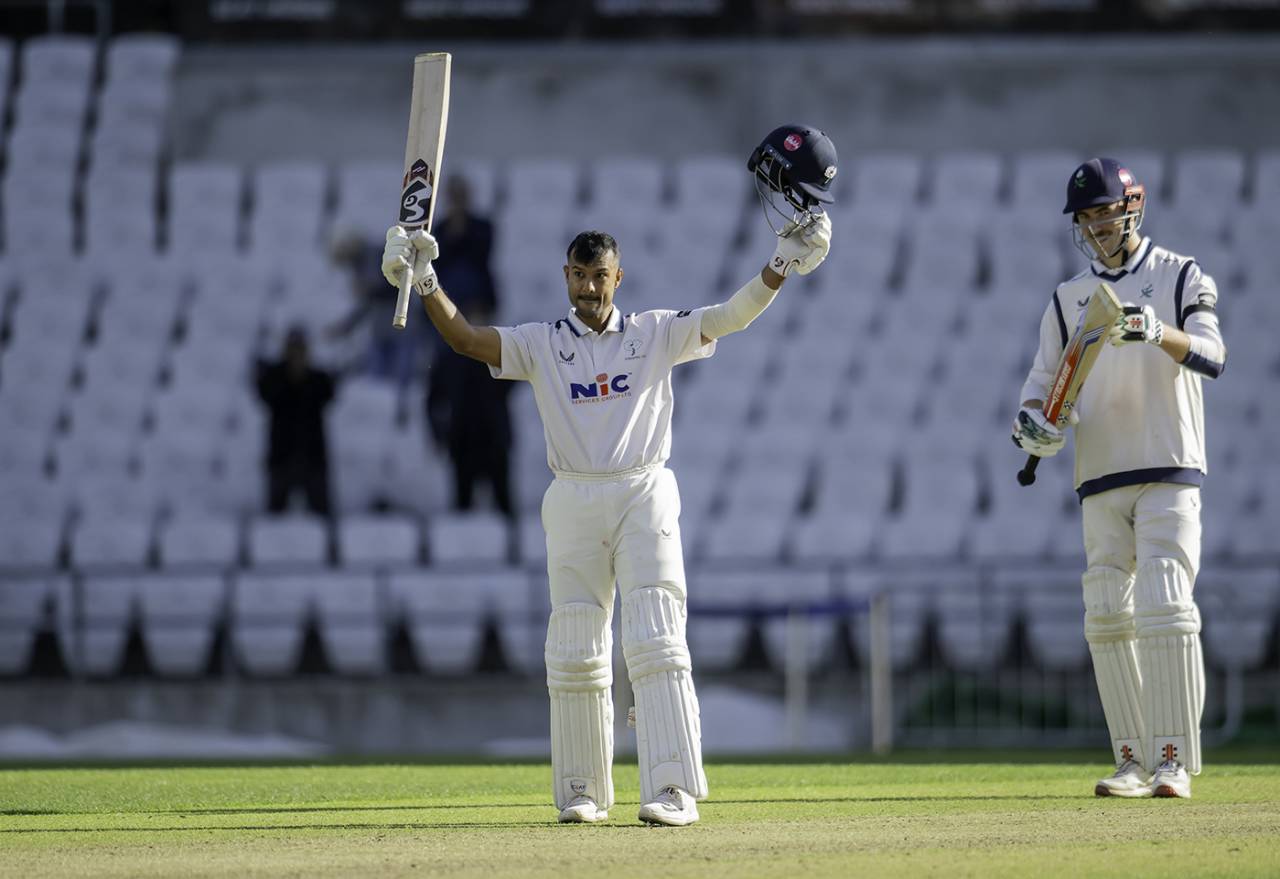 Mayank Agarwal celebrates reaching his hundred, Yorkshire vs Durham, County Championship, Headingley, September 25, 2025