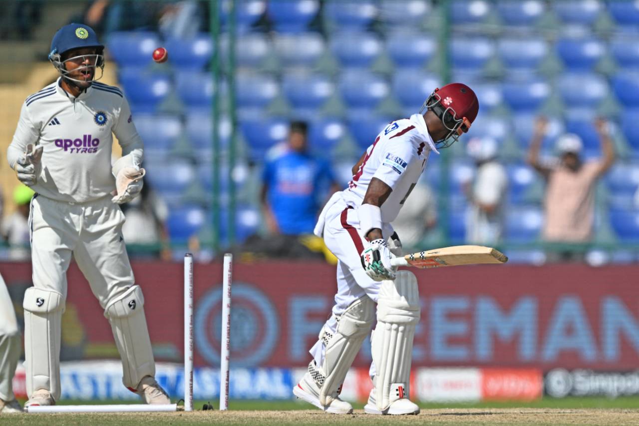 Alick Athanaze's middle stump was a victim of a Kuldeep Yadav jaffa, India vs West Indies, 2nd Test, Delhi, 3rd day, October 12, 2025