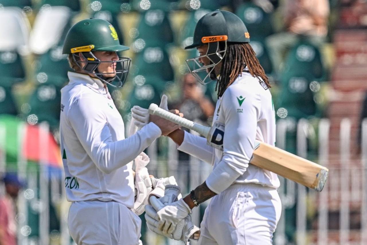 Ryan Rickelton celebrates with Tony de Zorzi after hitting the winning runs, Pakistan vs South Africa, 2nd Test, Rawalpindi, 4th day, October 23, 2025