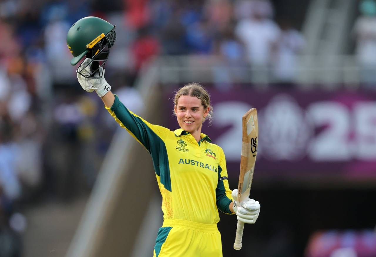 Phoebe Litchfield celebrates her hundred, India vs Australia, Women's World Cup semi-final, Navi Mumbai, October 30, 2025