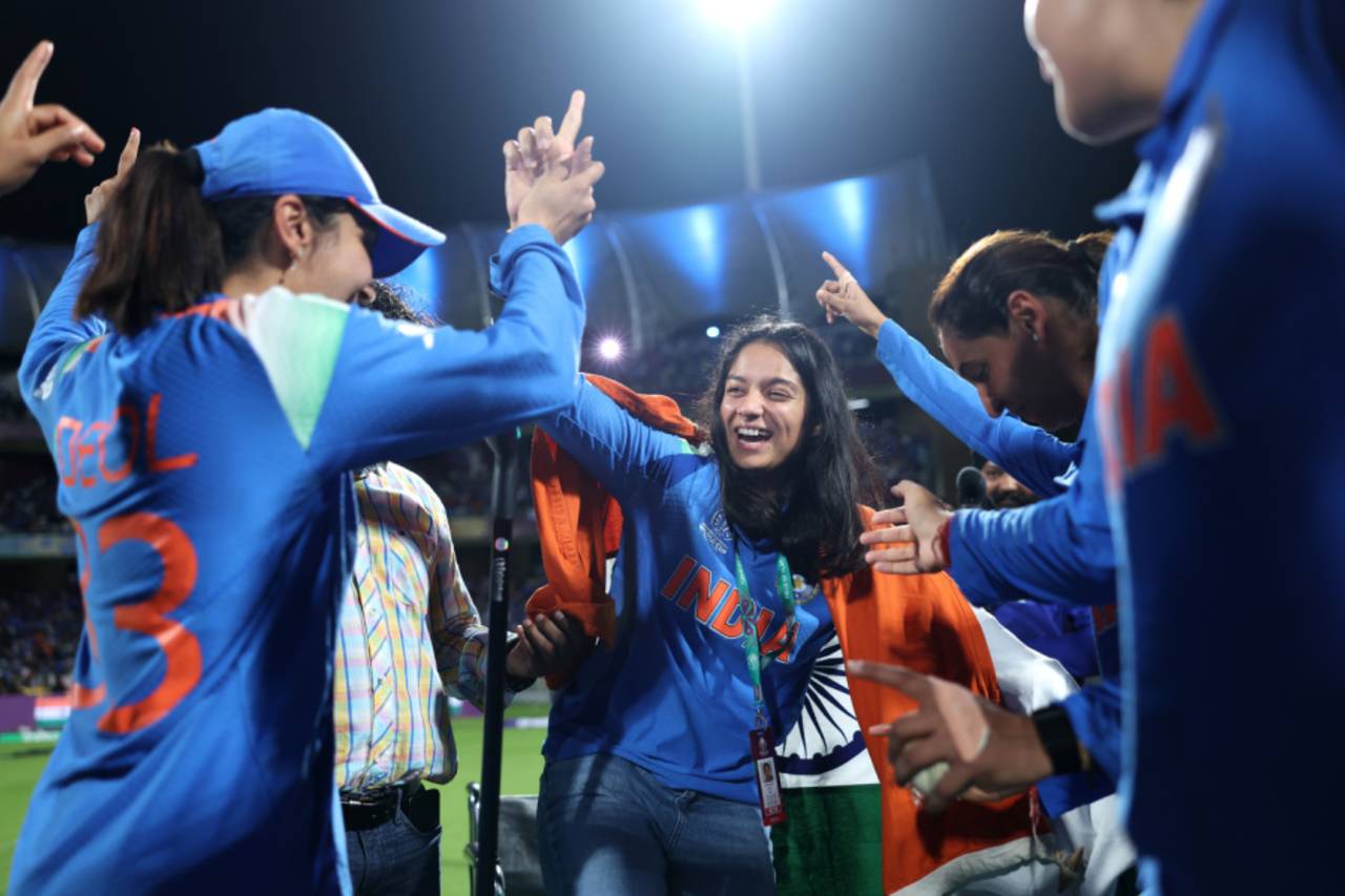 Pratika Rawal gets off her wheelchair to celebrate with her team-mates, India vs South Africa, Women's World Cup final, Navi Mumbai, November 2, 2025
