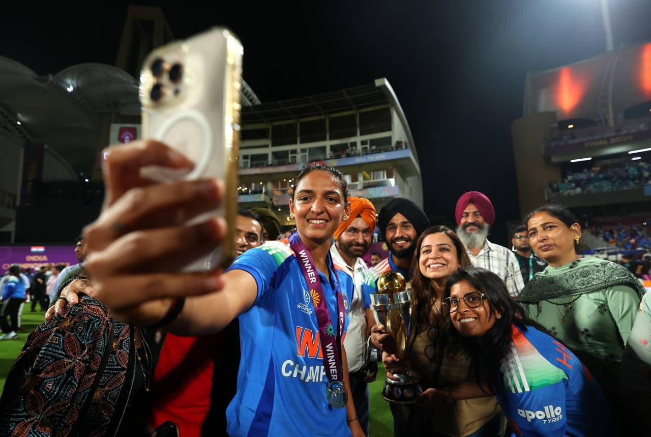 Harmanpreet Kaur takes a selfie with friends and family after the win, India vs South Africa, Women's World Cup final, Navi Mumbai, November 2, 2025