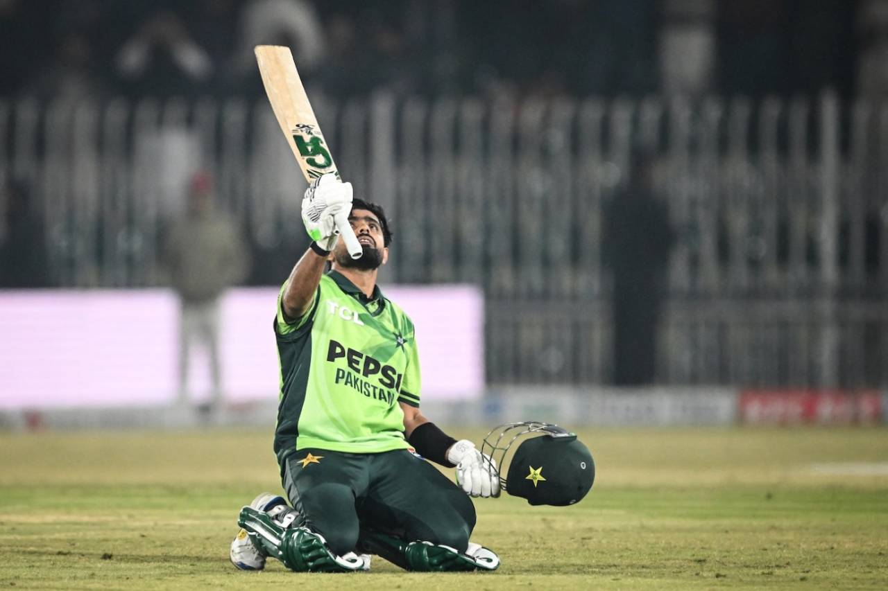 The relief is palpable on his face after Babar Azam completes his century after a long wait, Pakistan vs Sri Lanka, 2nd ODI, Rawalpindi, November 14, 2025