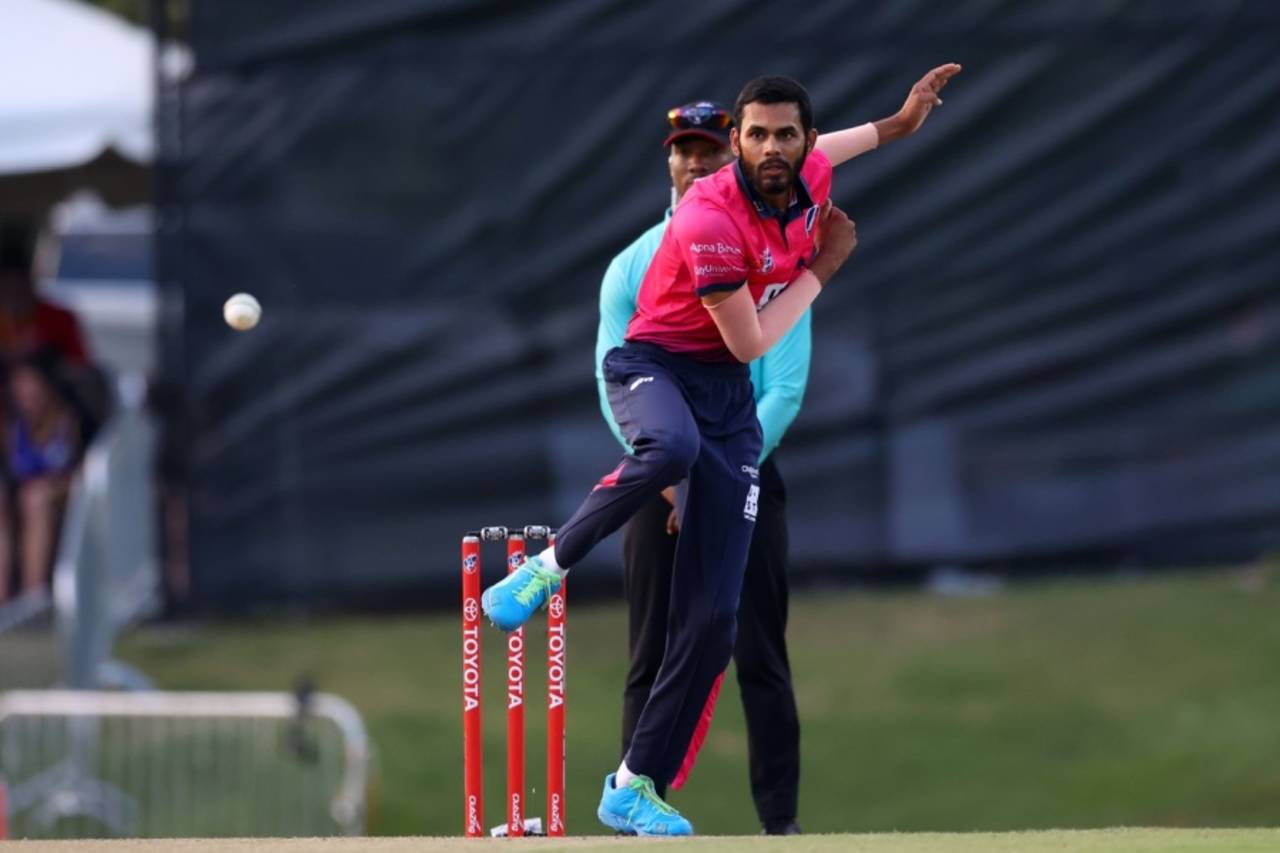 Akhilesh Reddy bowls during a Minor League Cricket match, North Carolina, August 28, 2022