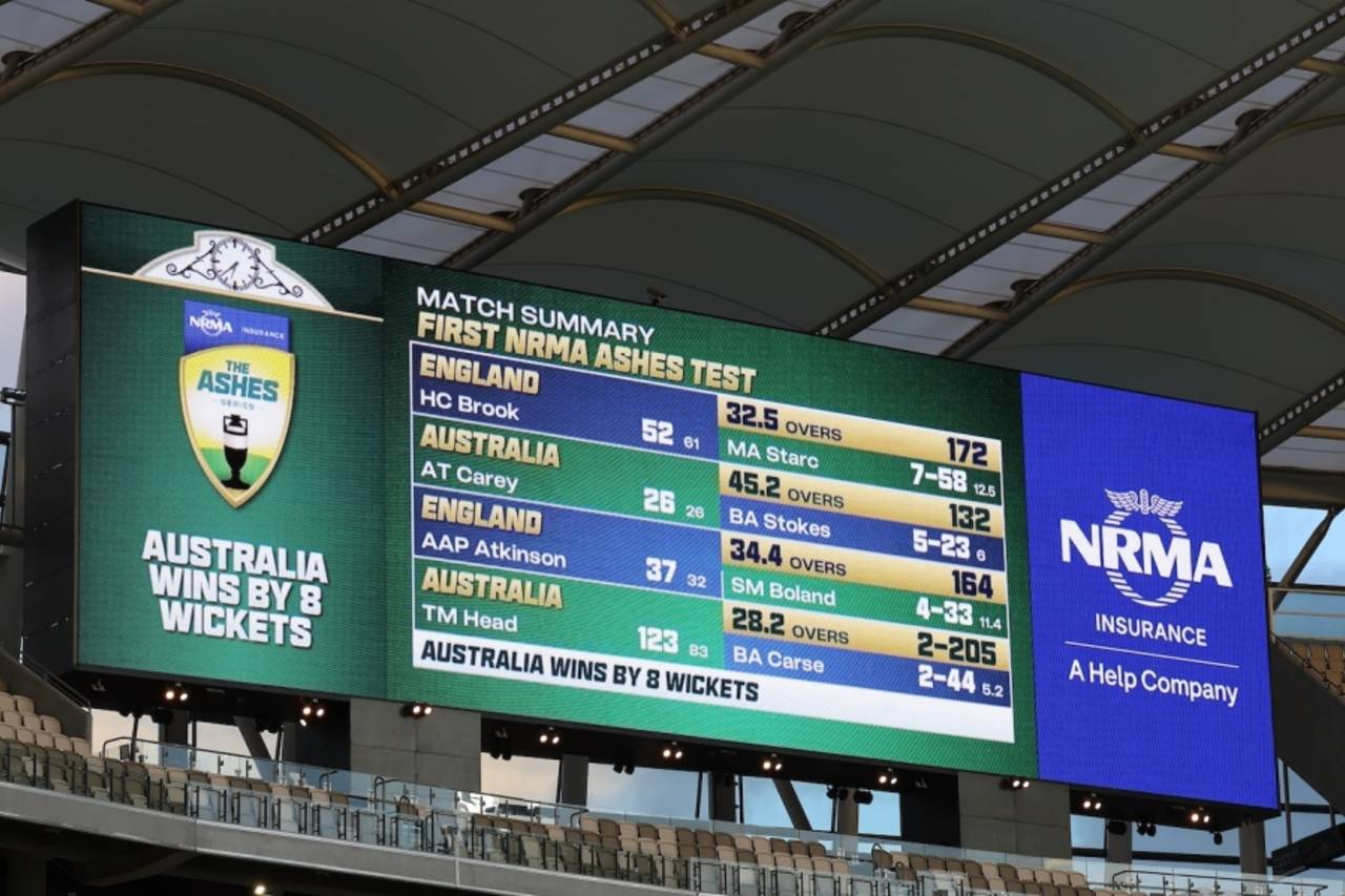 The scoreboard records England's decimation, Australia vs England, 2nd day, 1st Test, The Ashes, Perth Stadium, November 22, 2025