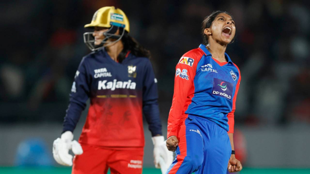 Minnu Mani celebrates her second wicket, Delhi Capitals vs Royal Challengers Bengaluru, WPL 2026, Vadodara, January 24, 2026