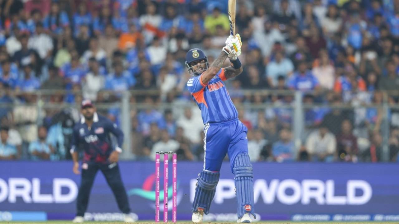 Suryakumar Yadav hits down the ground, India vs USA, Men's T20 World Cup, Group A, Mumbai, February 7, 2026