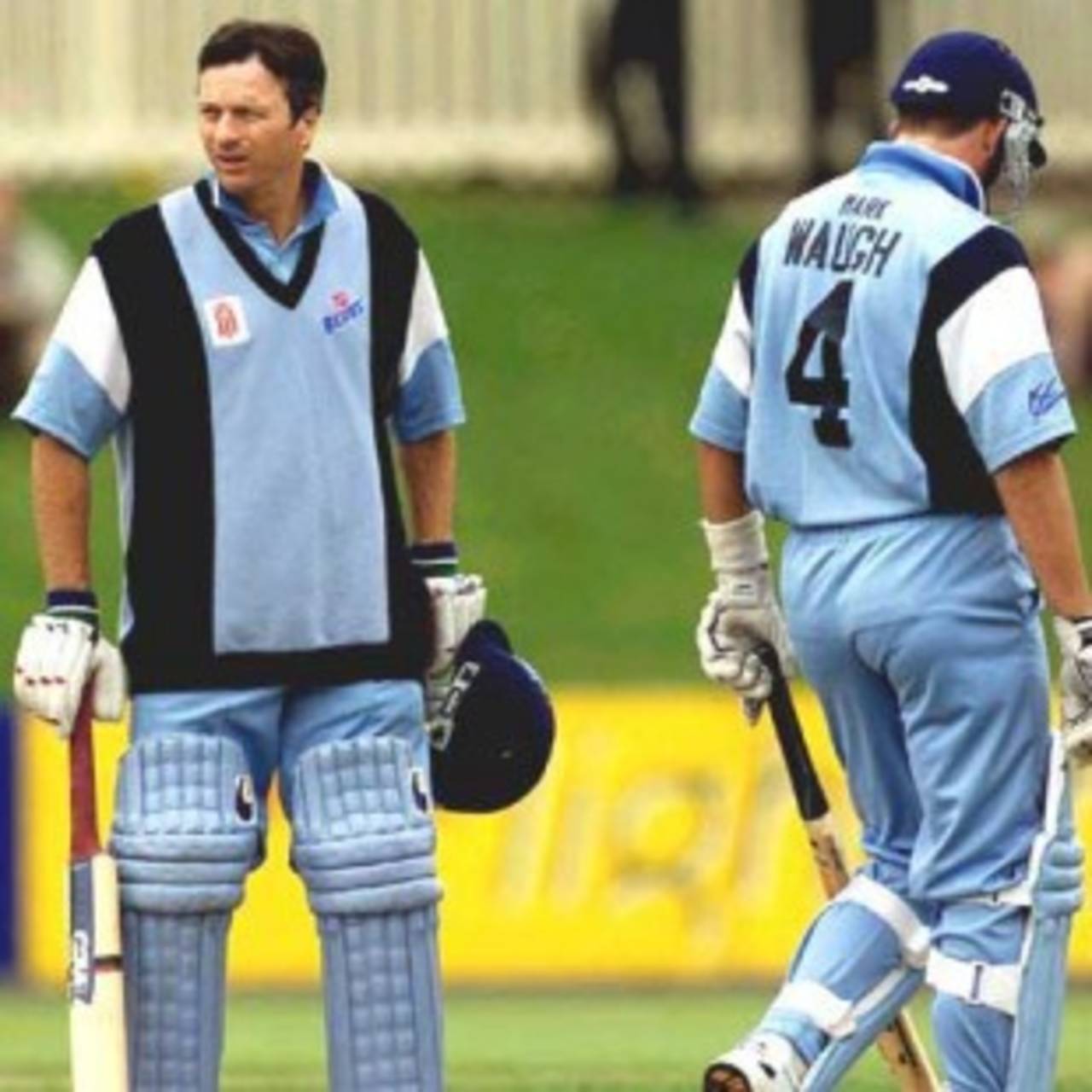 11 Nov 2000: Steve Waugh and Mark Waugh both from New South Wales discuss tacktics during the Mercantile Mutual Cup Cricket match between Tasmania and New South Wales at Bellerive Oval in Hobart, Australia.