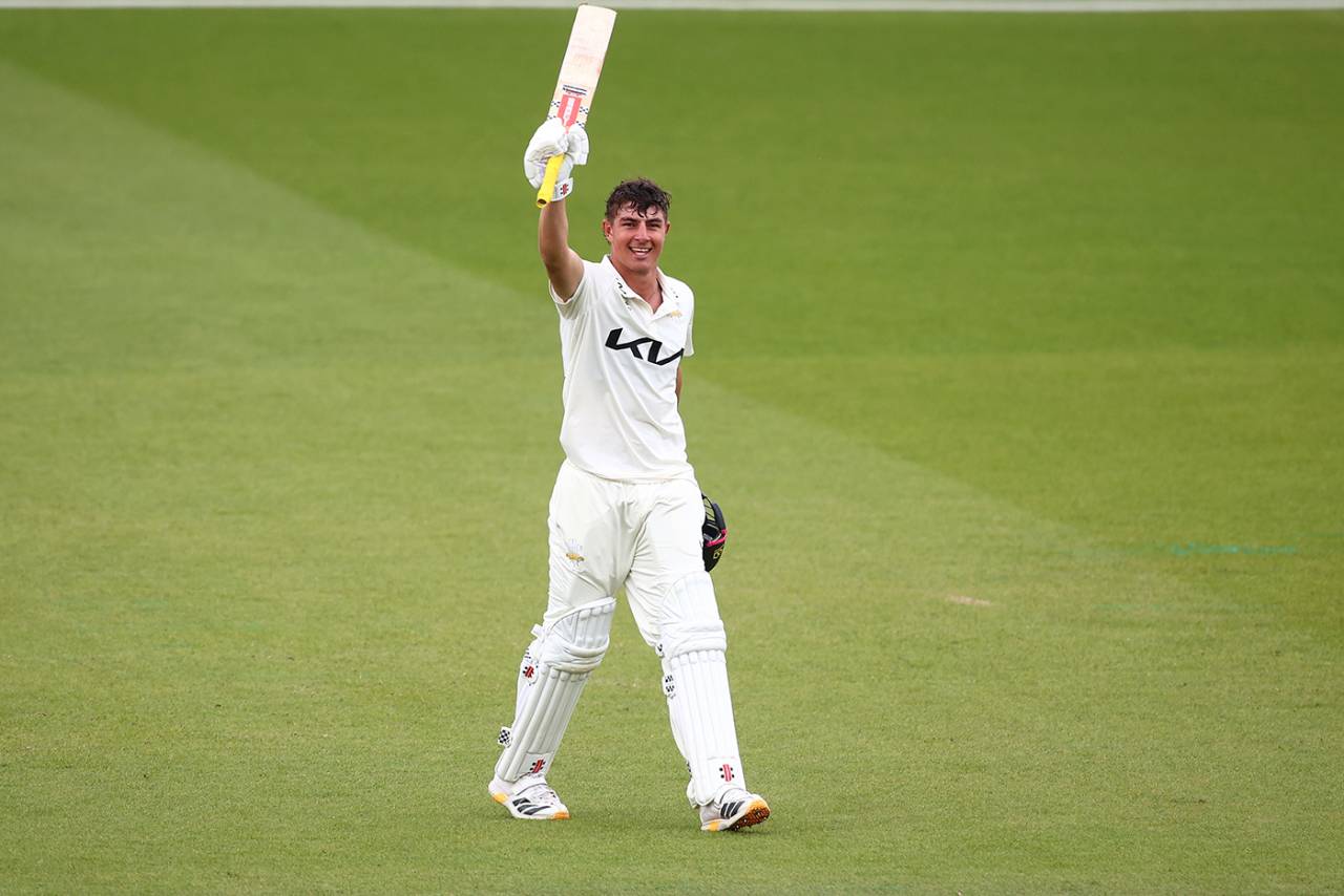 Adam Thomas celebrates after scoring a century on debut, Surrey vs Sussex, County Championship, Division One, The Oval, May 3, 2026