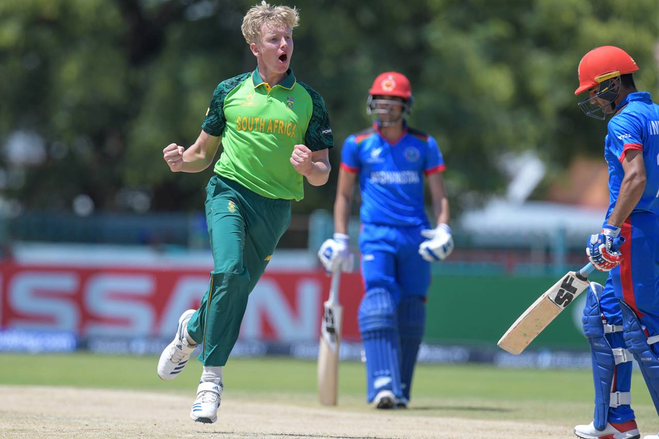 Tiaan van Vuuren celebrates a wicket, South Africa v Afghanistan, U19 World Cup, Kimberley, South Africa, January 17, 2020 in