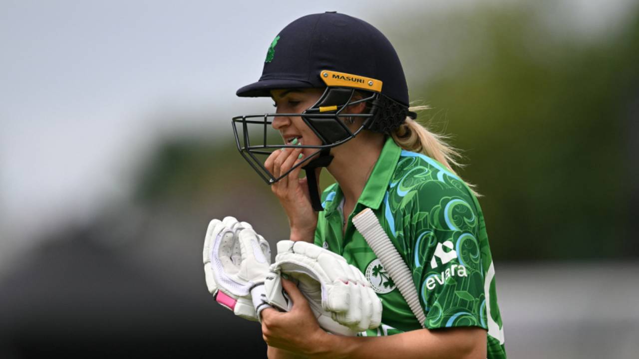Gaby Lewis walks back after her dismissal, Ireland Women vs Scotland Women, Women's T20 World Cup 2026, Manchester, June 13, 2026