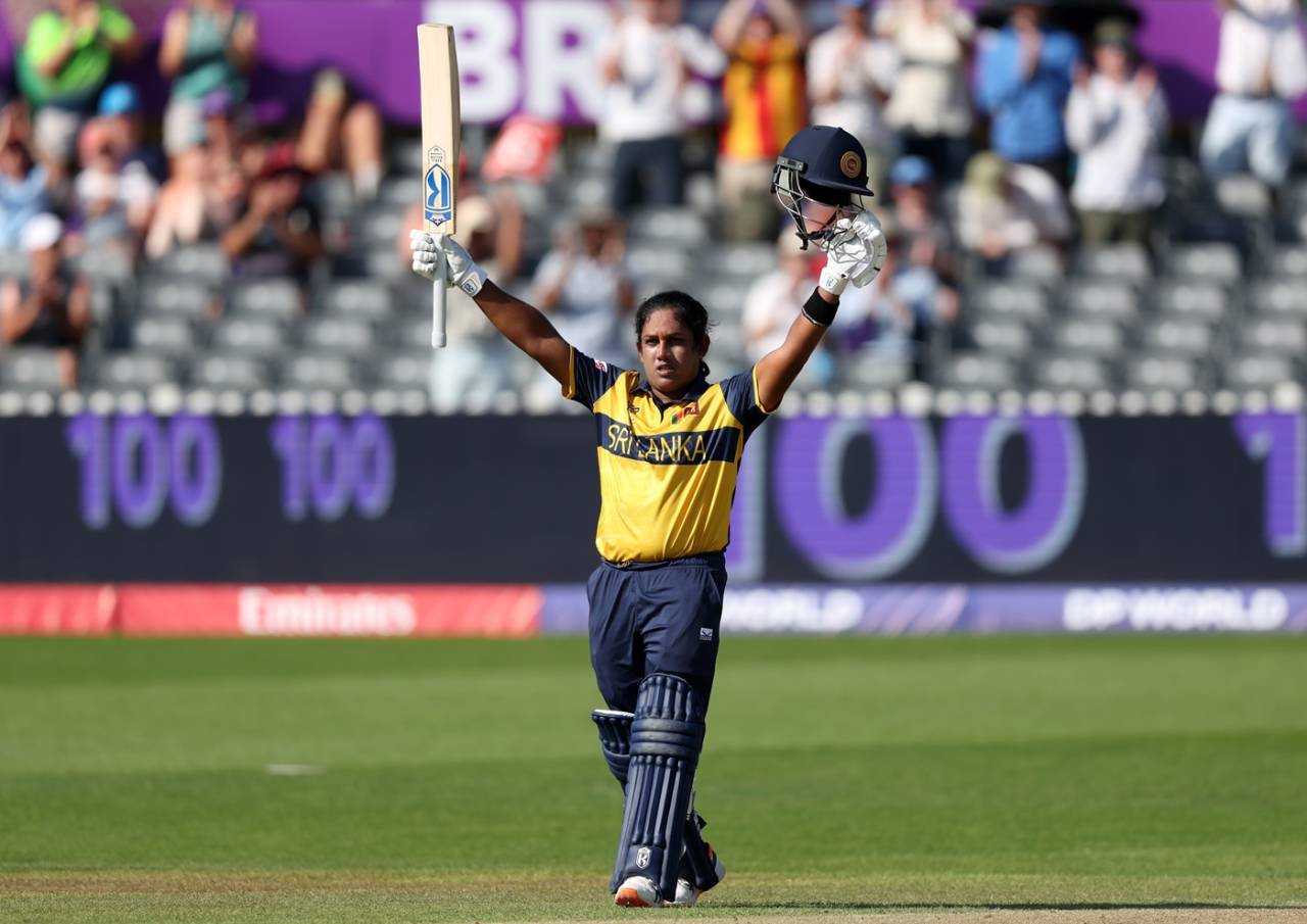 Chamari Athapaththu celebrates her 58-ball century, Ireland vs Sri Lanka, Women's T20 World Cup, Bristol, June 23, 2026