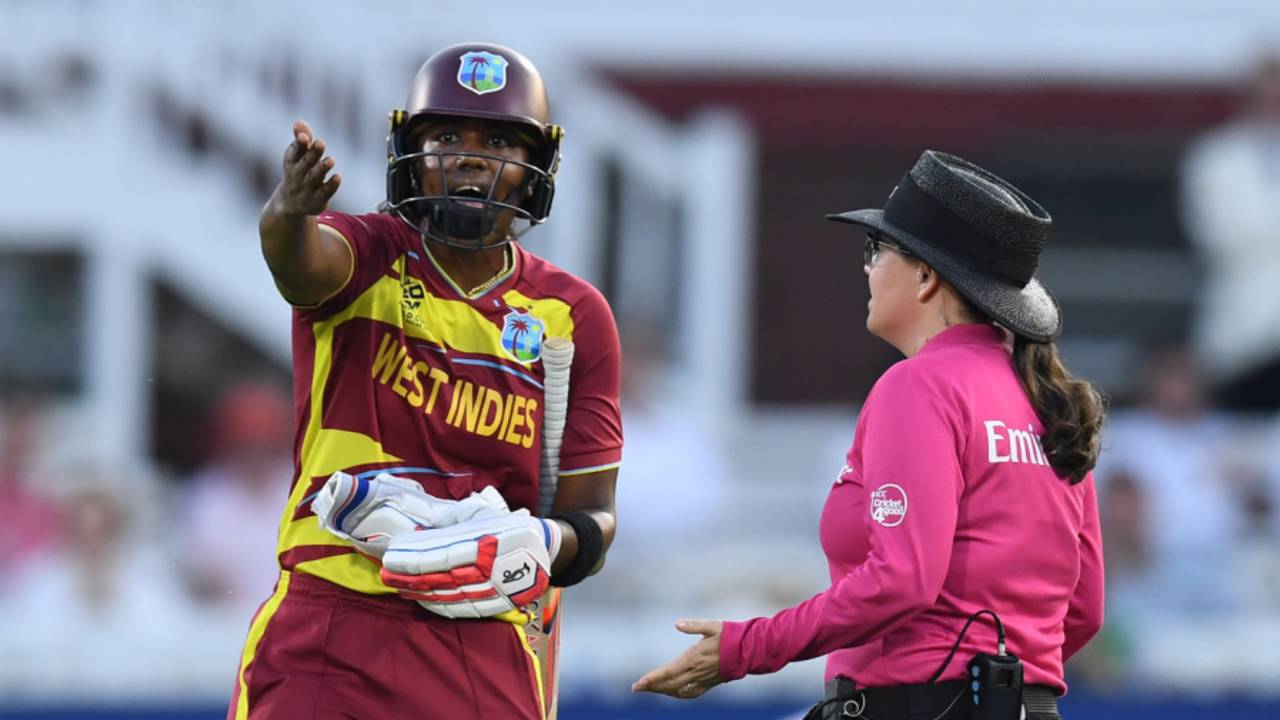 Hayley Matthews has a heated discussion after her dismissal, England vs West Indies, Women's T20 World Cup, Lord's, June 24, 2026