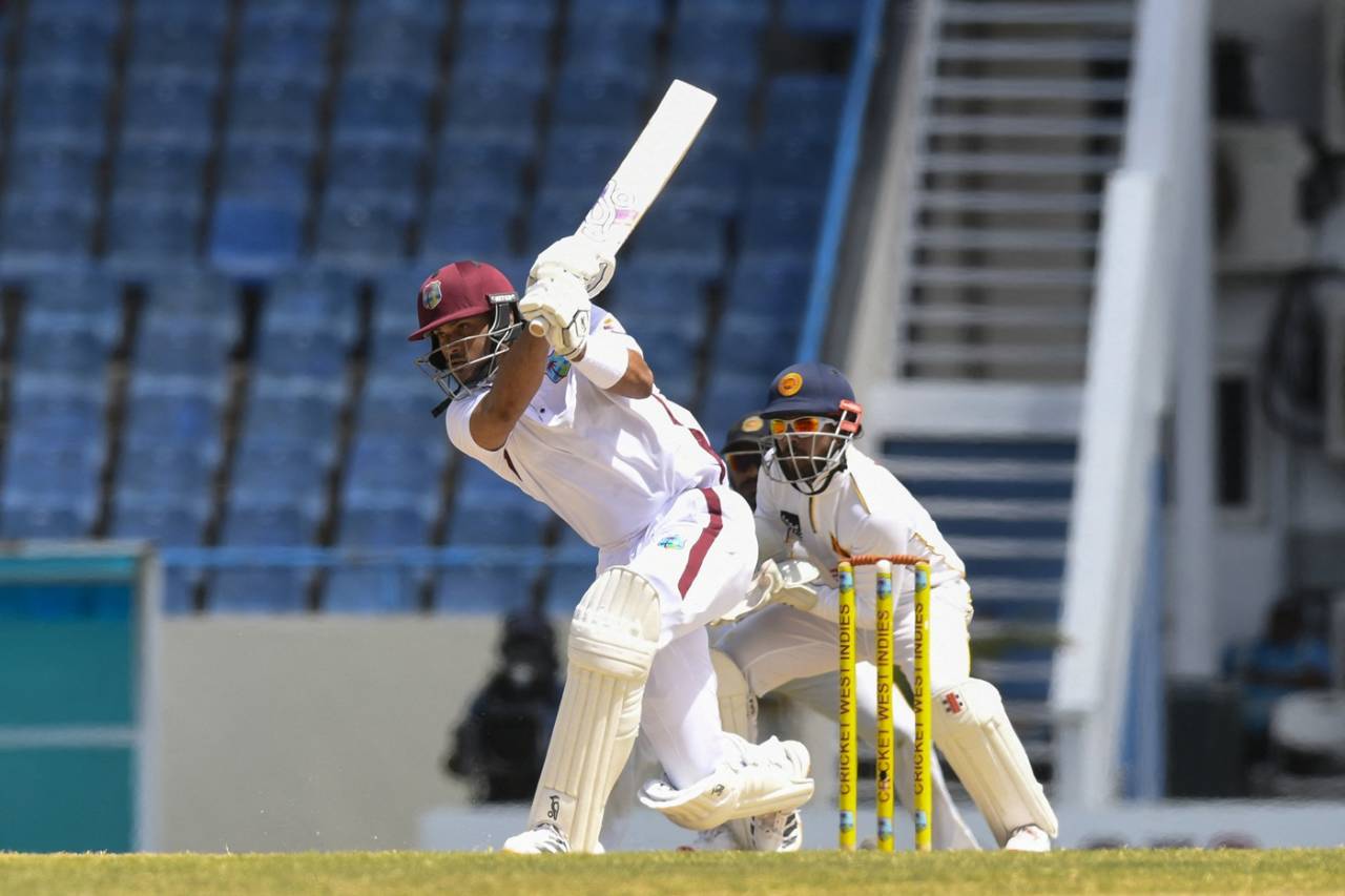 Brandon King plays a shot, West Indies vs Sri Lanka, 2nd Test, North Sound, 5th day, July 7, 2026