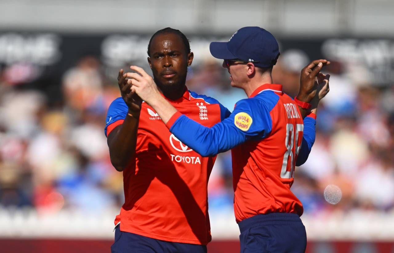 Jofra Archer celebrates with Harry Brook, England vs India, 4th T20I, Bristol, July 9, 2026