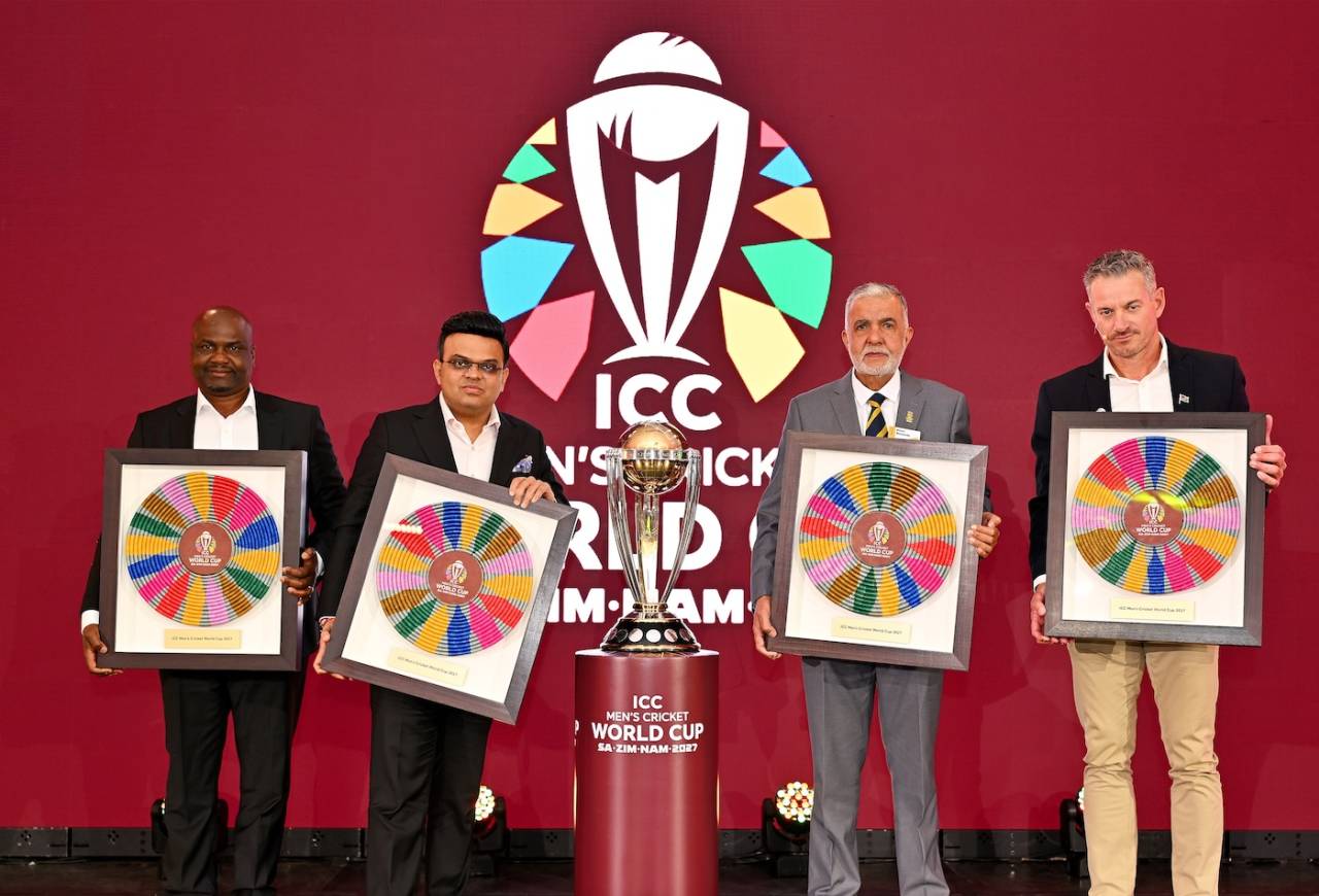 [L to R] Tavengwa Mukuhlani, chairman of Zimbabwe Cricket, Jay Shah, ICC chairman, Rihan Richards, president of Cricket South Africa, and Rudie van Vuuren, president of Namibia Cricket, launch the 2027 ODI World Cup, Sandton, July 30, 2026