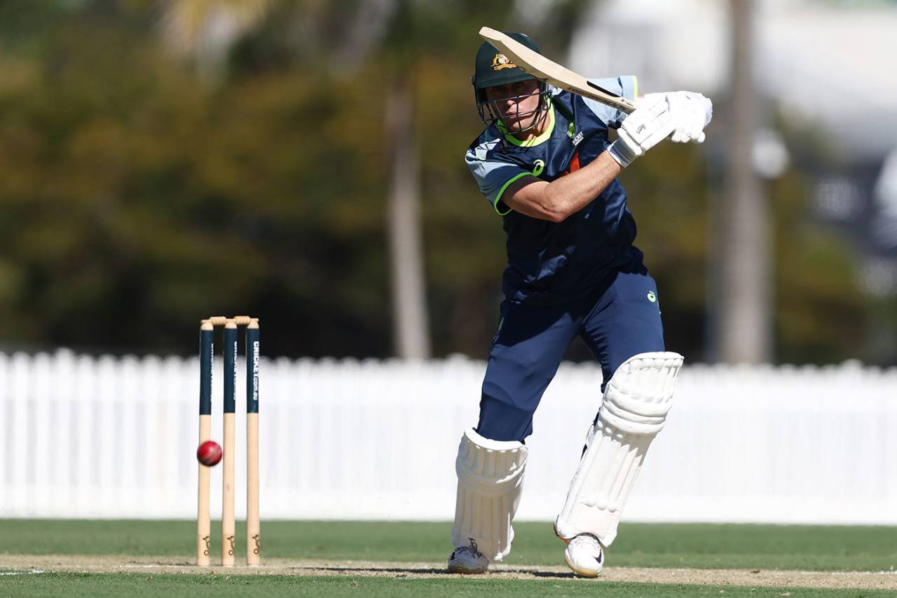 Marnus Labuschagne drives during a match simulation, Allan Border Field, Brisbane, August 3, 2026