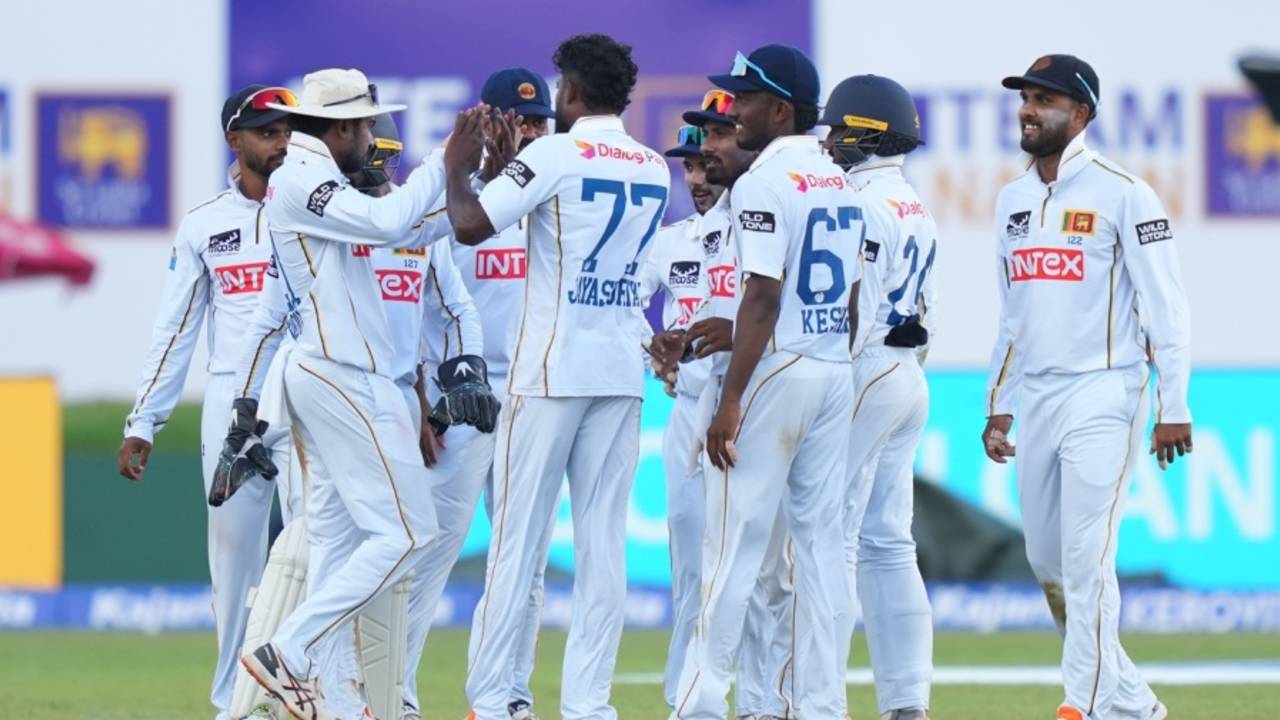 Prabath Jaysuriya celebrates the wicket of Shubman Gill with his team-mates, Sri Lanka vs India, 1st Test, Galle, 1st day, August 15, 2026