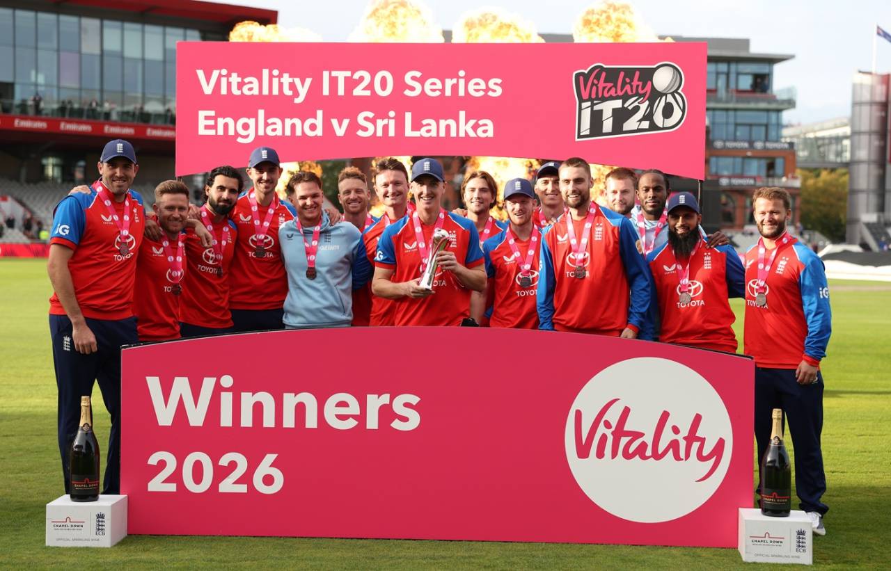 Harry Brook and his England team pose with the series trophy, England vs Sri Lanka, 3rd T20I, Old Trafford, September 19, 2026