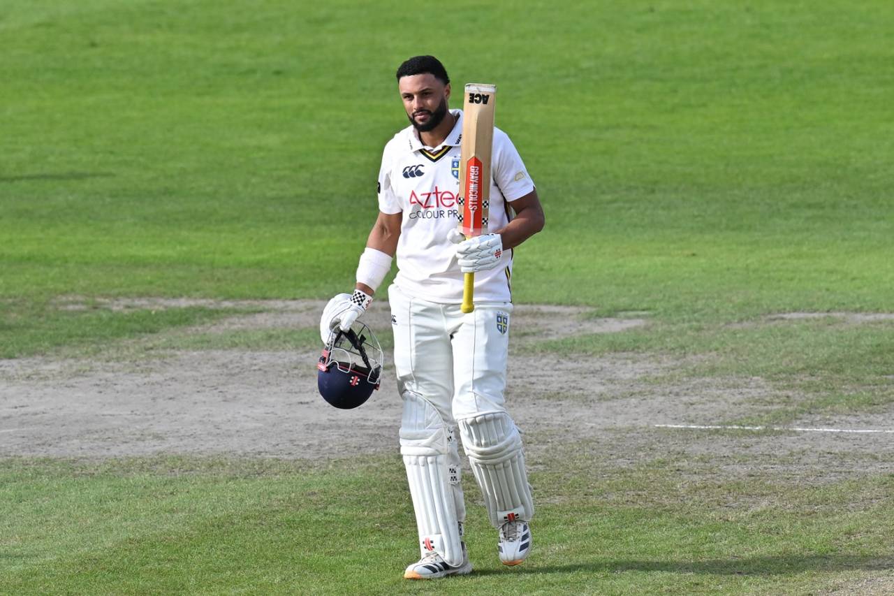 Emilio Gay acknowledges his hundred, Lancashire vs Durham, County Championship, Division Two, Old Trafford, September 24, 2026