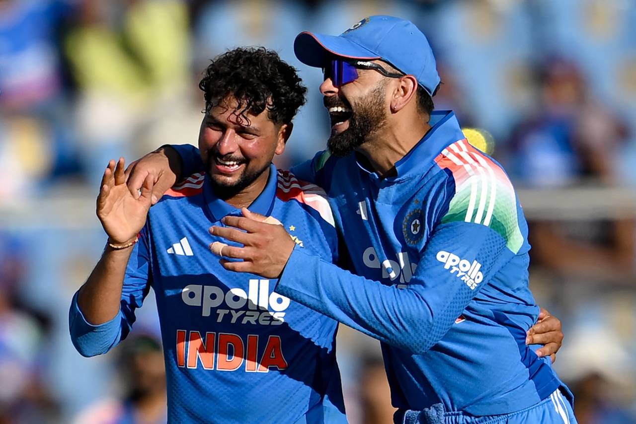 Kuldeep Yadav celebrates after having Jewel Andrew caught at slip first ball, India vs West Indies, 1st ODI, Thiruvananthapuram, September 27, 2026