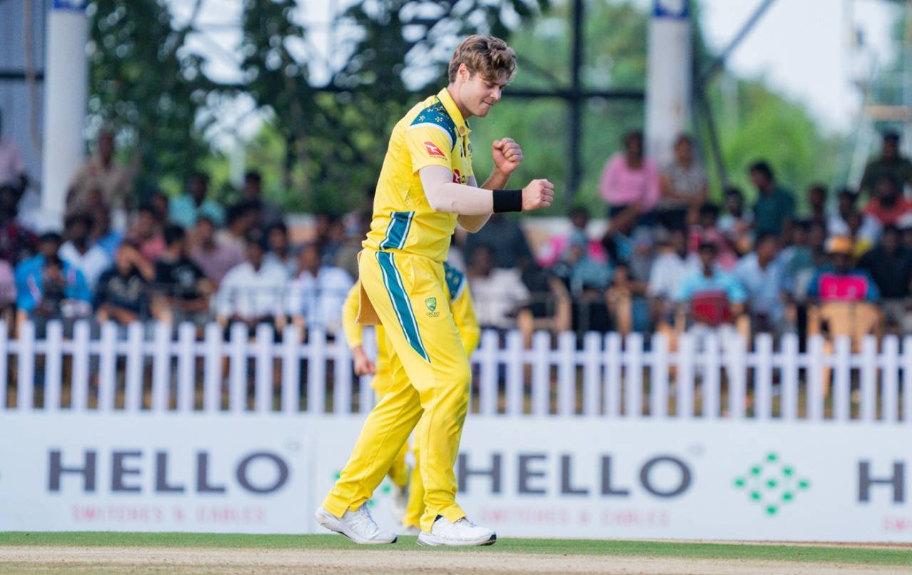 Spencer Johnson is pleased after taking a wicket, India A vs Australia A, 2nd one-dayer, Puducherry, October 9, 2026