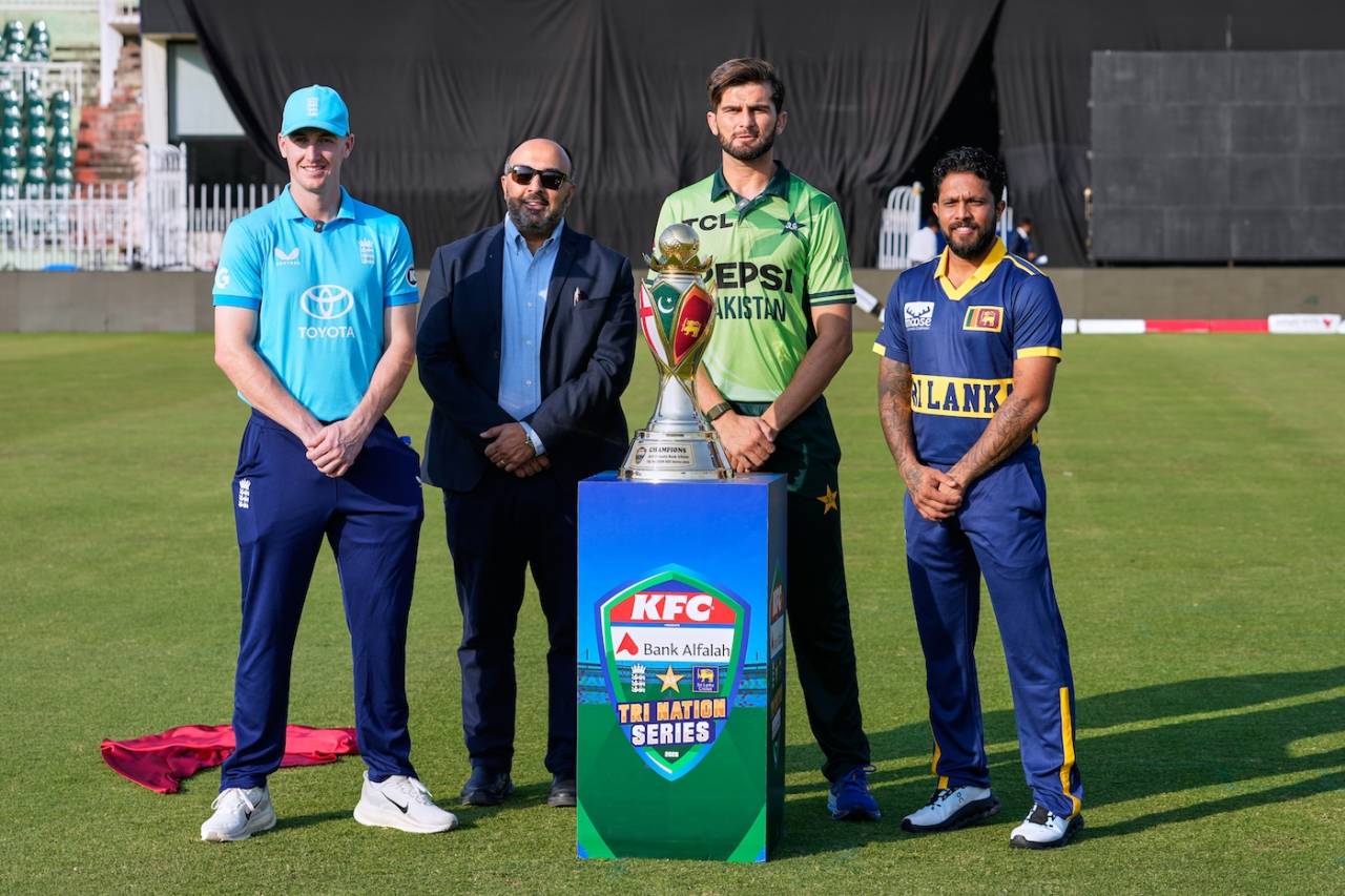 Harry Brook, Shaheen Shah Afridi and Kusal Mendis with the series trophy, Rawalpindi, October 17, 2026