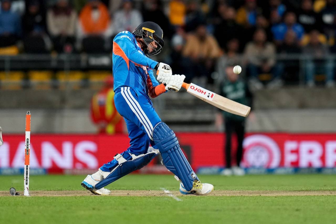 Abhishek Sharma launches the ball down the ground, New Zealand vs India, 3rd T20I, Wellington, October 27, 2026