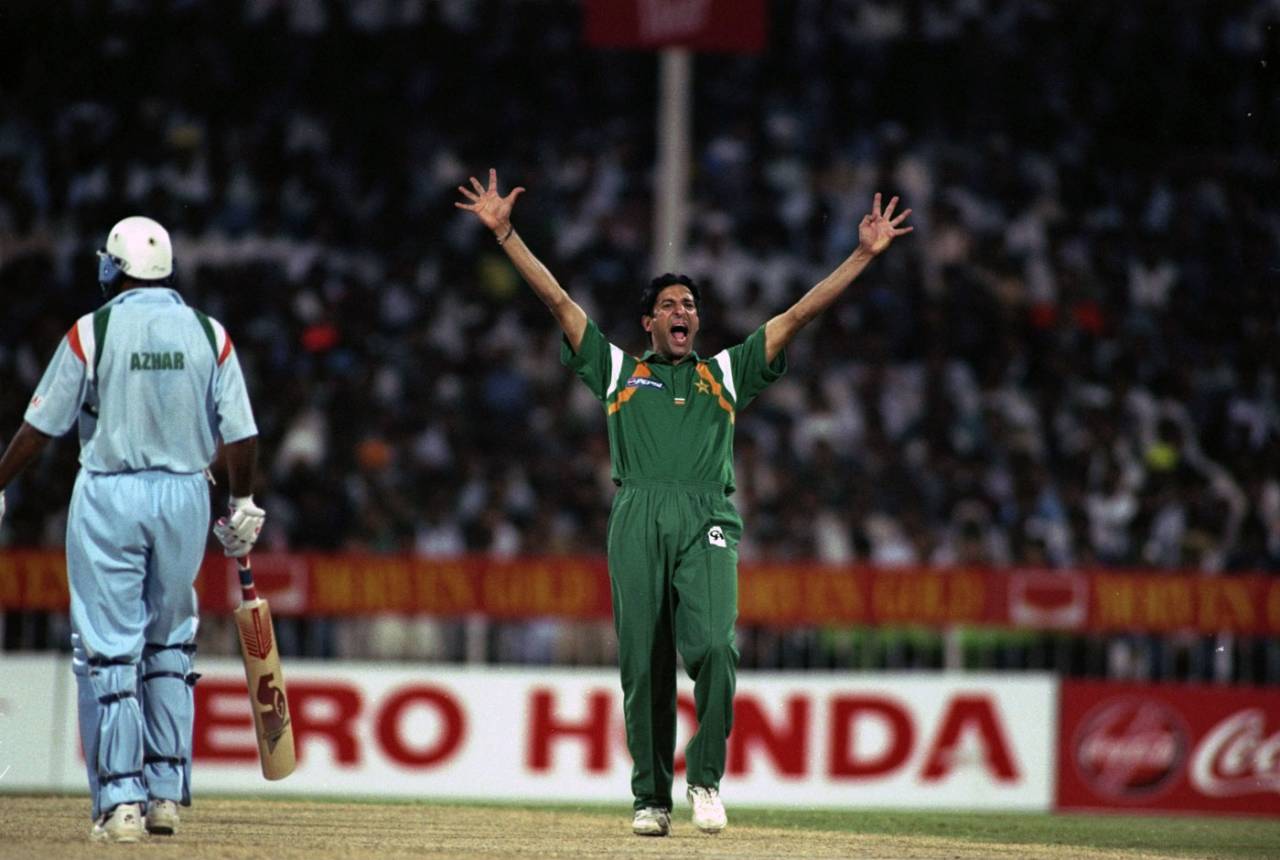 Wasim Akram appeals for a wicket, India v Pakistan, Singer Cup, Sharjah, Dec 14, 1997