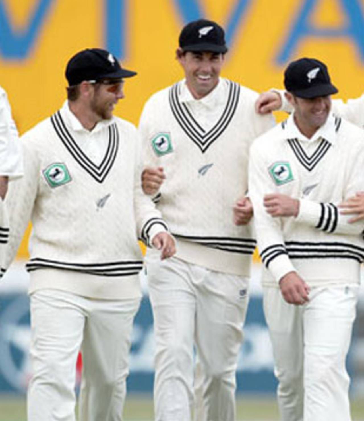 New Zealand players celebrate the dismissal of Indian batsman Sourav Ganguly, caught by Vincent from the bowling of Shane Bond for 17, as they leave the field for lunch. From left: Daryl Tuffey, Craig McMillan, Stephen Fleming, Nathan Astle and Daniel Vettori. 1st Test: New Zealand v India at Basin Reserve, Wellington, 12-16 December 2002 (12 December 2002).