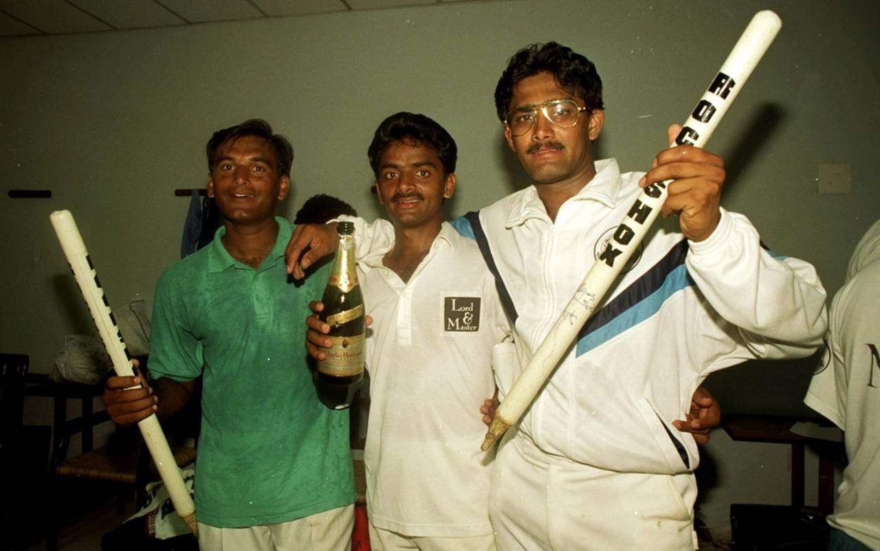 Anil Kumble with Rajesh Chauhan and Venkatapathy Raju after India's innings-and-22-run victory, India v England, 2nd Test, Chennai, February 15, 1993 