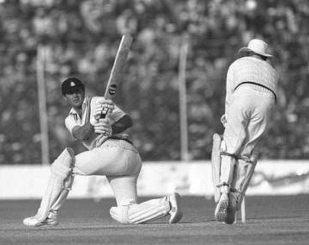 Geoff Boycott sweeps on his way to passing Garry Sobers' world record aggregate of Test runs, India v England, Delhi, December 1981