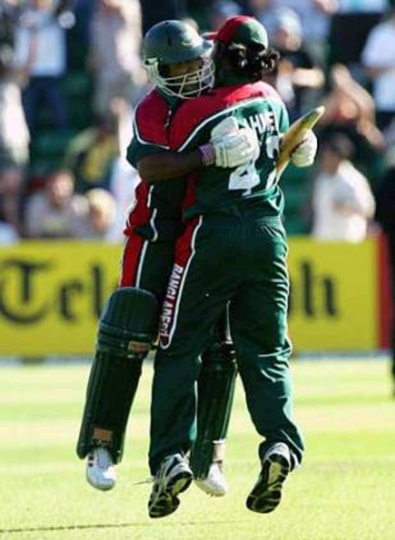 Aftab Ahmed and Mohammad Rafique celebrate victory, Australia v Bangladesh, NatWest Series, Cardiff, June 18